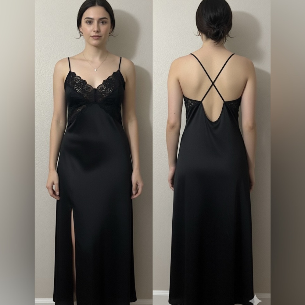 Vintage JCPenney Black Lace Slip Maxi Dress. Stretchy Nylon Fabric. No Snags.